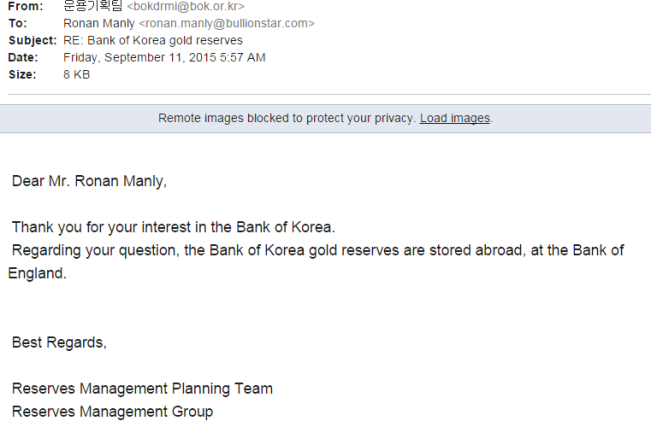 Bank of Korea (BOK) - location of gold reserves