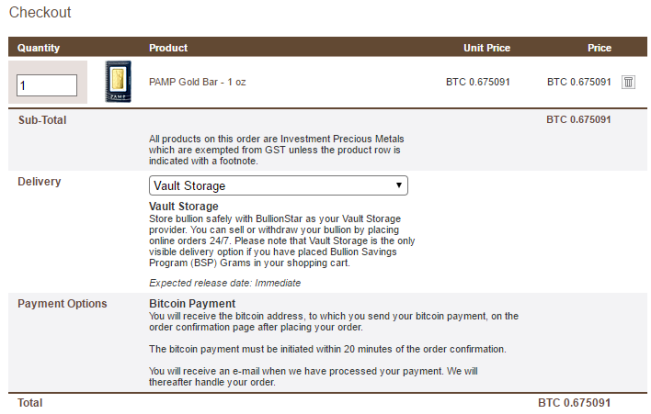 Checkout Screen with BTC as the default payment option