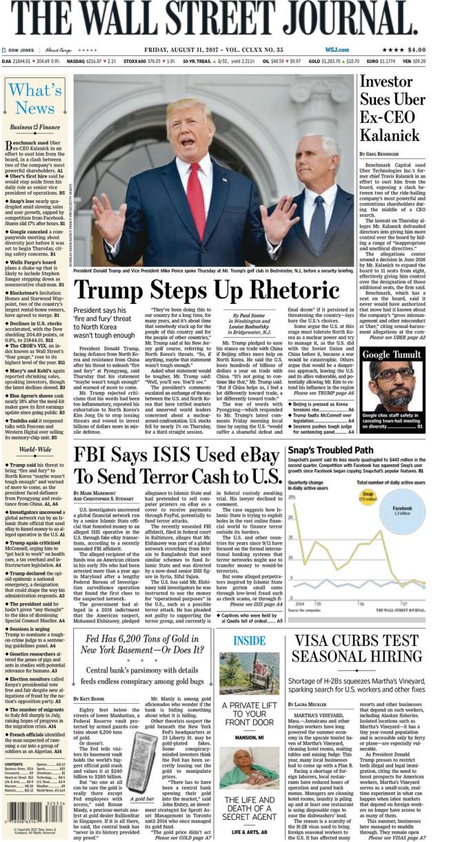 Front Page - Wall street Journal, August 10, 2017