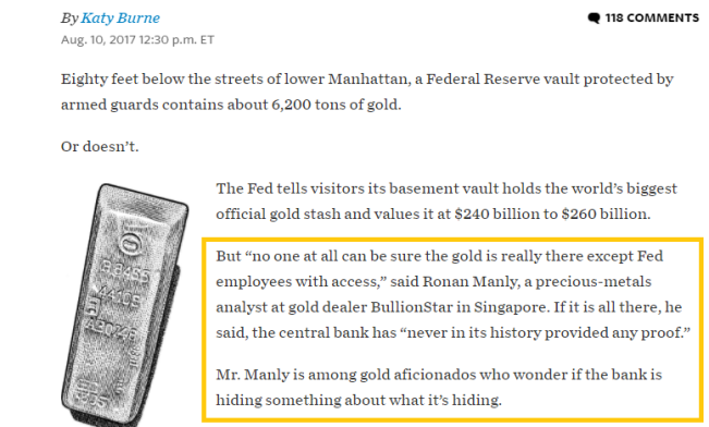 Extract from Wall Street Journal article on NY Fed stored gold, August 10
