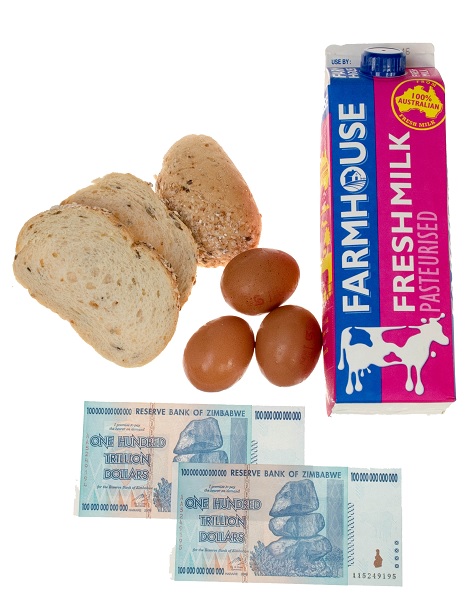 Zimbabwe 100 trillion dollar notes with bread, eggs and milk