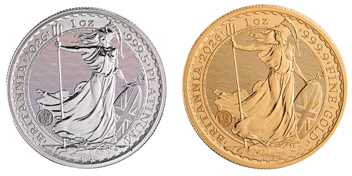 A gold Britannia and platinum Britannia coin.