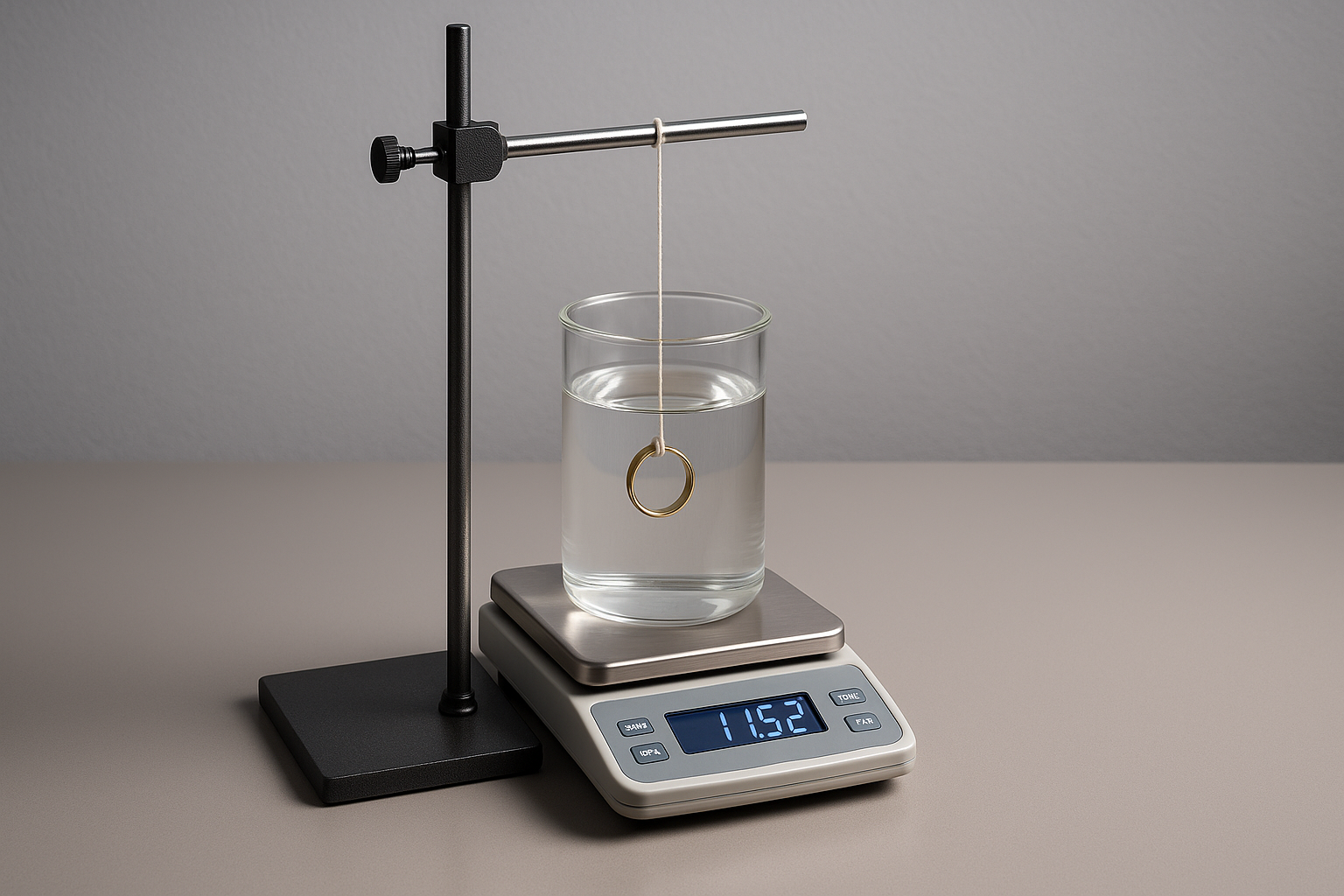 A gold coin being suspended in water and weighed