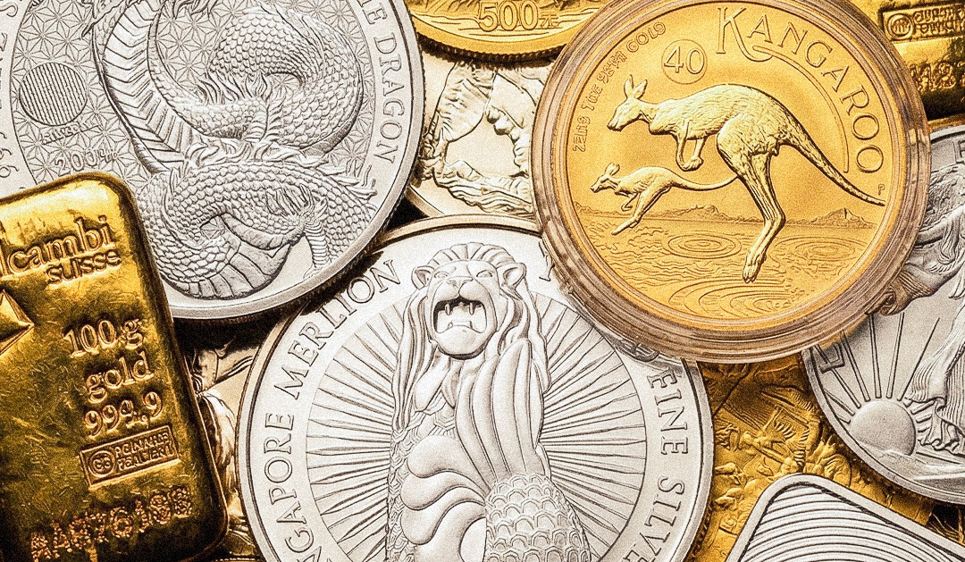 A stack of gold and silver coins.