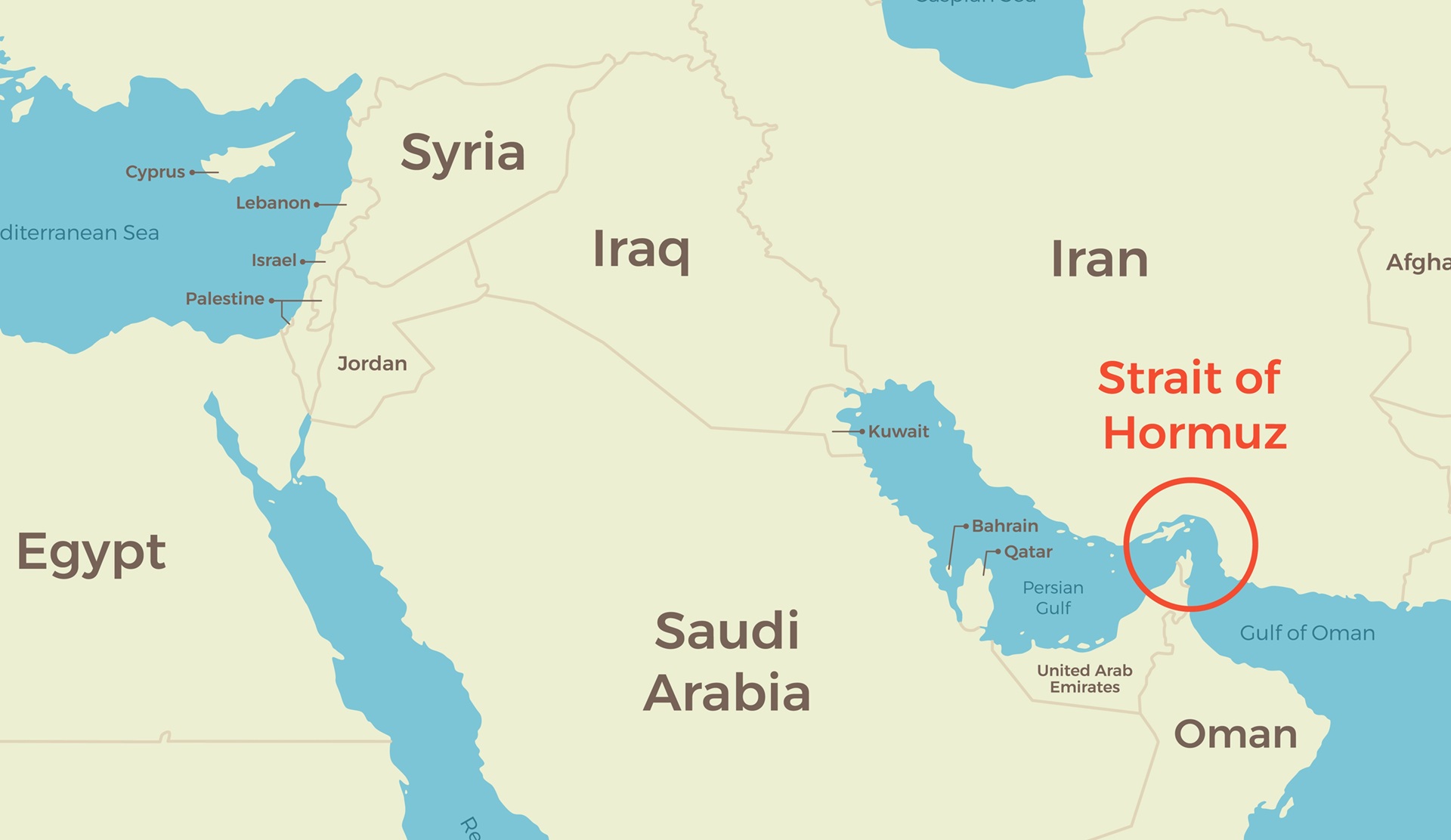 A map of the Middle East highlighting the Strait of Hormuz