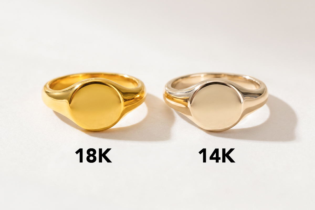 Side-by-side comparison of an 18K gold signet ring with a deeper yellow tone and a 14K gold signet ring with a paler tone, labelled "18K" and "14K"