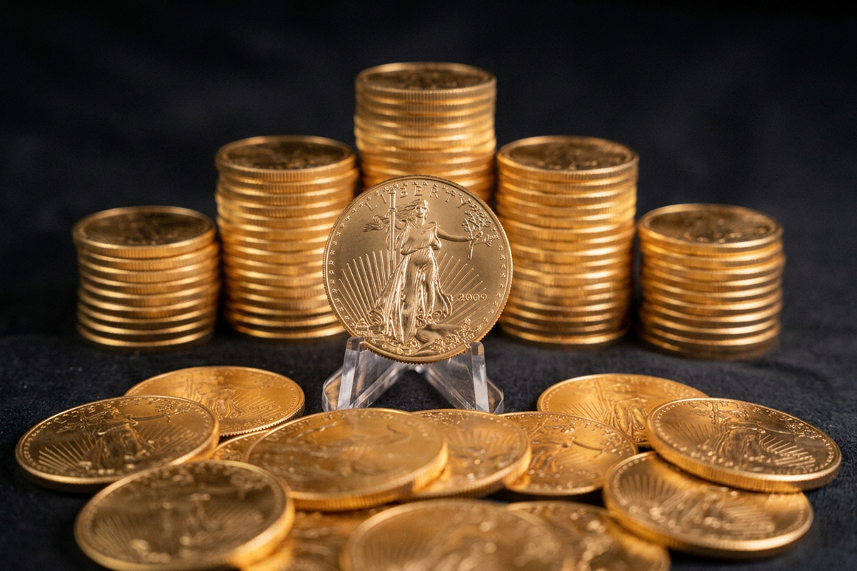 Stacks of 22K gold coins behind an American Gold Eagle coin displayed upright on a stand, on a black background