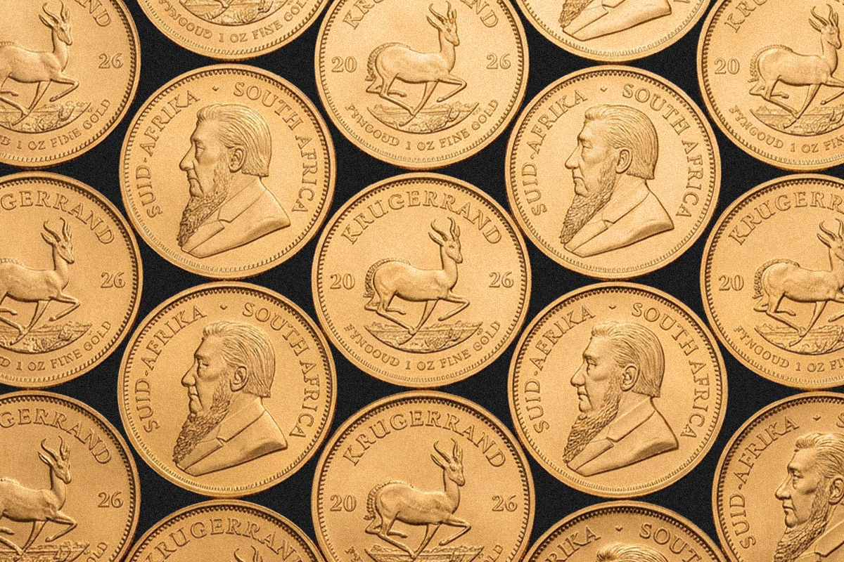 Repeating pattern of 22K gold Krugerrand coins showing the springbok and Paul Kruger portrait sides, dated 2026