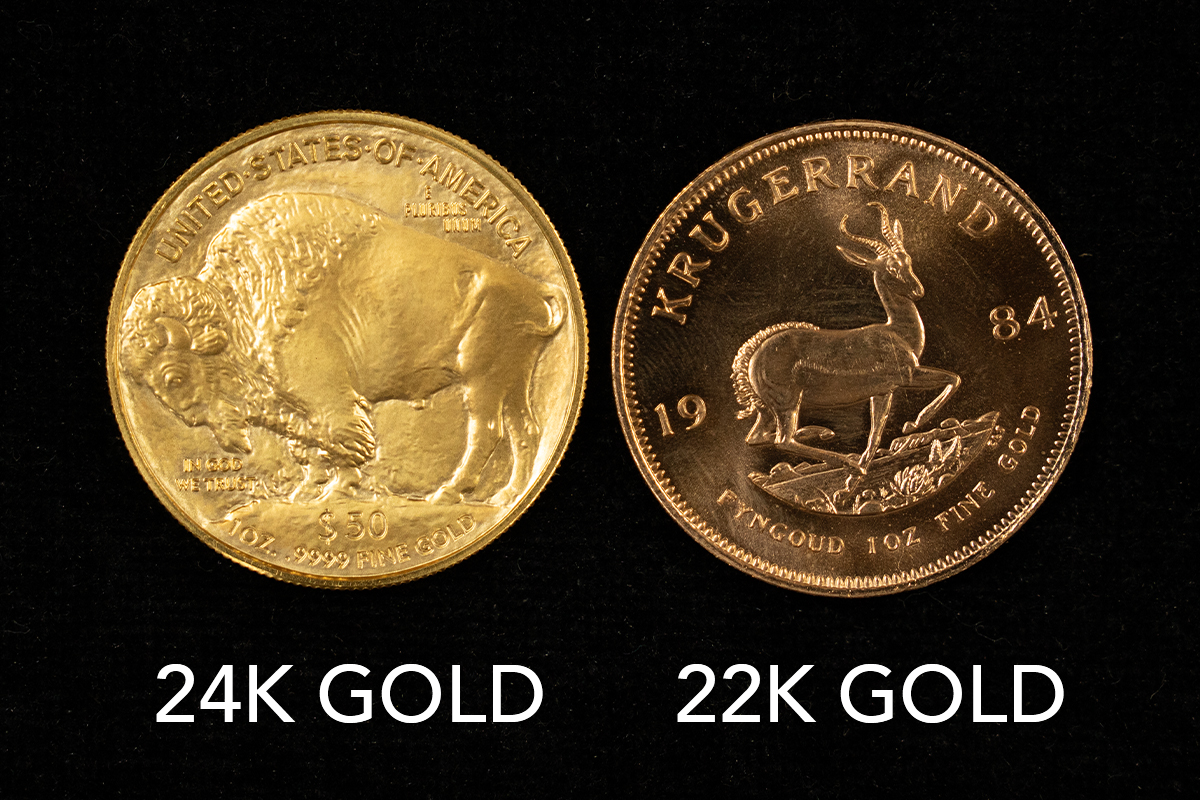 Side-by-side comparison of a yellow 24K American Gold Buffalo coin and a reddish 22K Krugerrand, labelled "24K Gold" and "22K Gold"