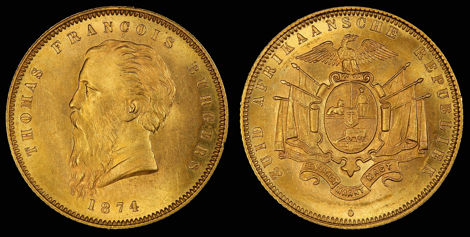 Obverse and reverse of an 1874 South African gold One Pond coin showing Thomas François Burgers and the South African Republic coat of arms