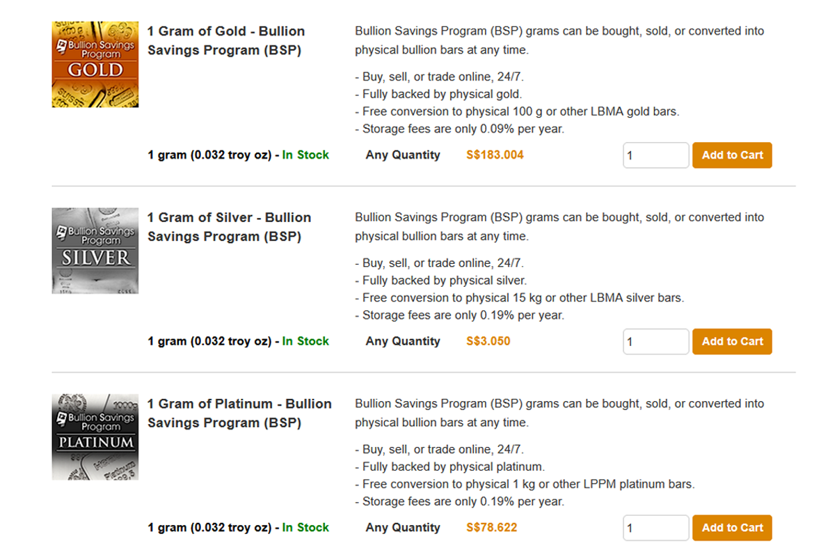 BullionStar Bullion Savings Program listings for 1 gram of gold, silver, and platinum, each fully backed by physical metal