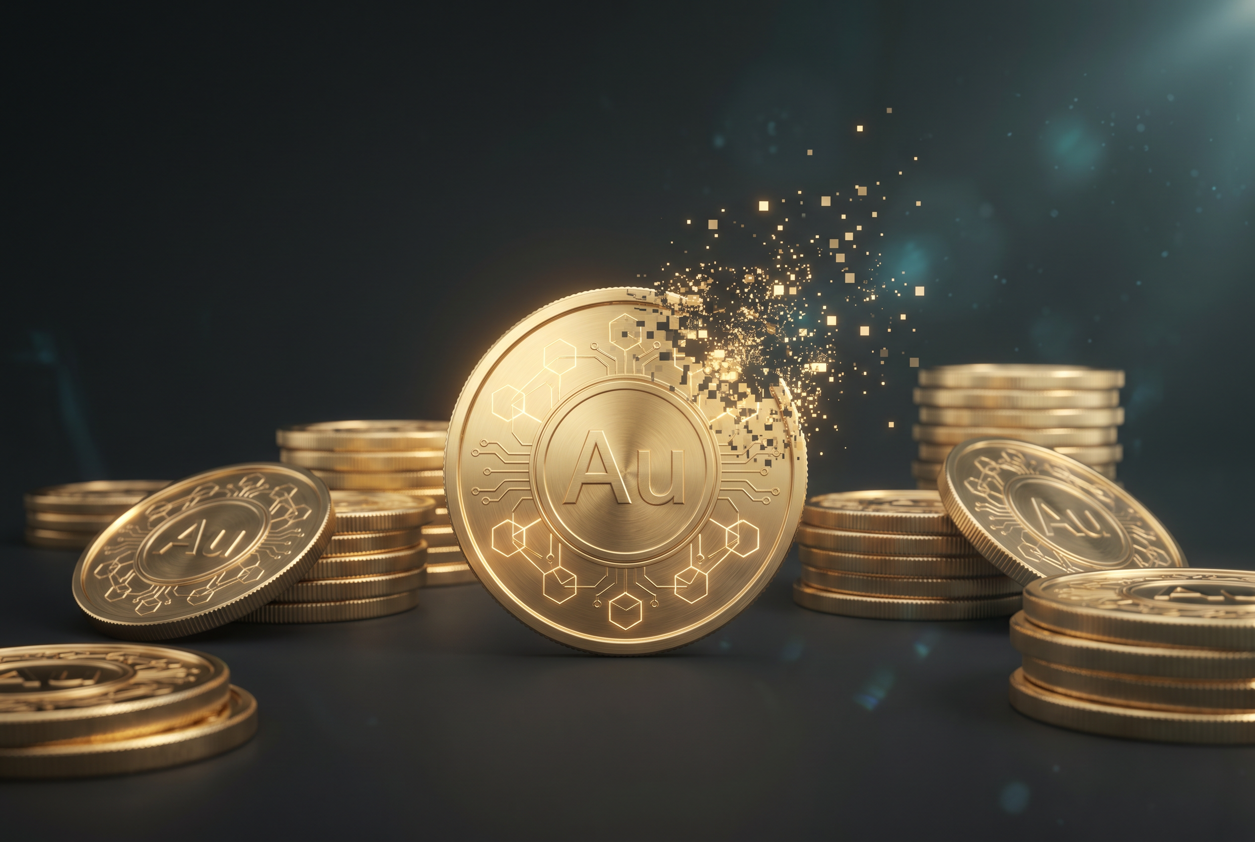 3D render of a gold digital token engraved with the chemical symbol "Au" and a circuit-board pattern, dissolving into pixels, with stacks of gold tokens around it