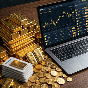 Laptop showing a gold-token trading marketplace beside a large pile of physical gold bars and coins on a desk