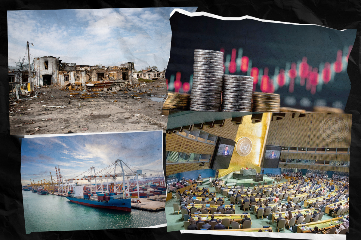 Composite of a war-damaged building, a container shipping port, a UN General Assembly session, and stacked coins beside a market chart, illustrating geopolitical and economic instability