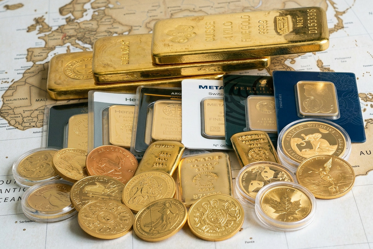 Stack of gold bars and assorted gold coins resting on a world map, representing gold as a global currency