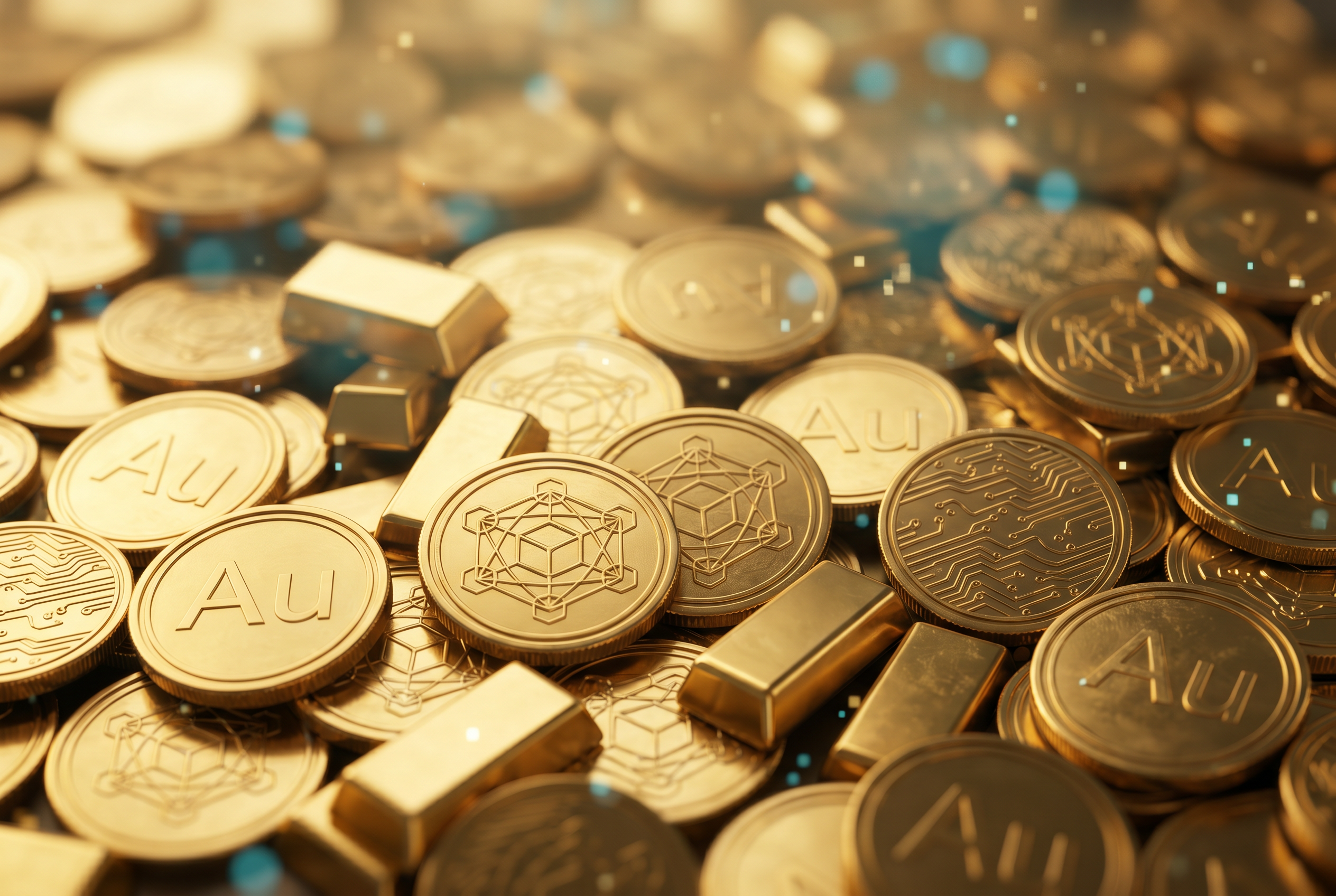 Pile of gold digital tokens engraved with "Au", blockchain, and circuit-board designs, mixed with small gold bars, with faint blue digital accents