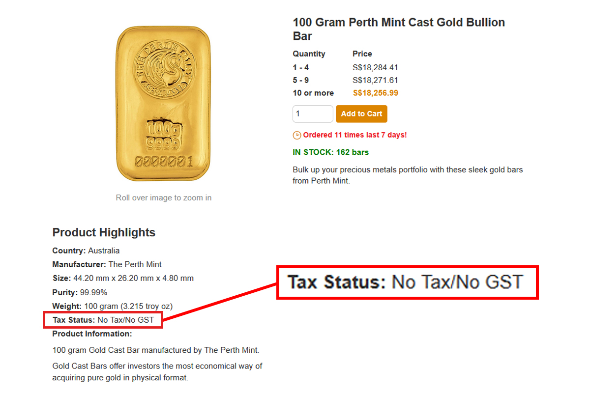 BullionStar product page for a 100g Perth Mint cast gold bar, with the tax status shown as "No Tax/No GST" highlighted