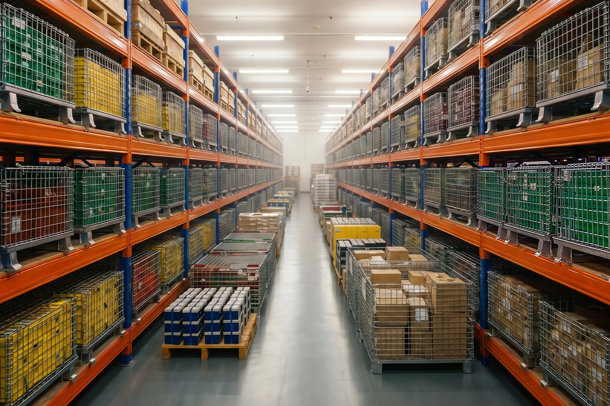 Aisle of secured shelving with wire cages and boxed inventory inside a precious metals storage vault