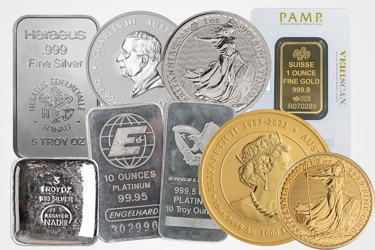 Collage of gold, silver, and platinum bullion bars and coins all stamped with troy ounce weights, showing the troy ounce as the universal unit for precious metals
