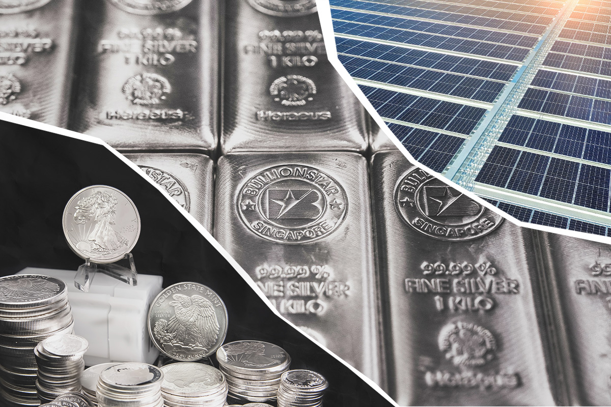 Composite of BullionStar fine silver bars, silver bullion coins, and solar panels showing silver as both an investment and an industrial metal