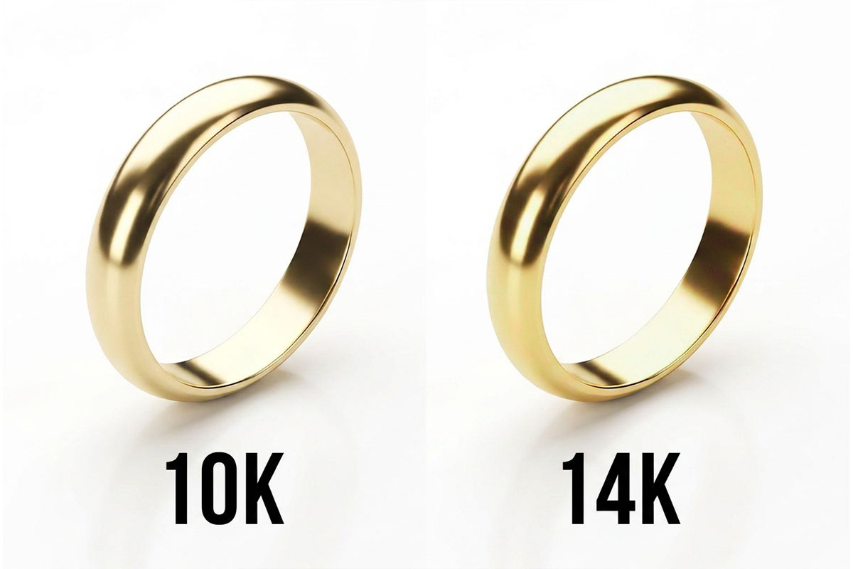 Side-by-side comparison of a 10K gold ring and a 14K gold ring, labeled "10K" and "14K," showing the difference in gold color
