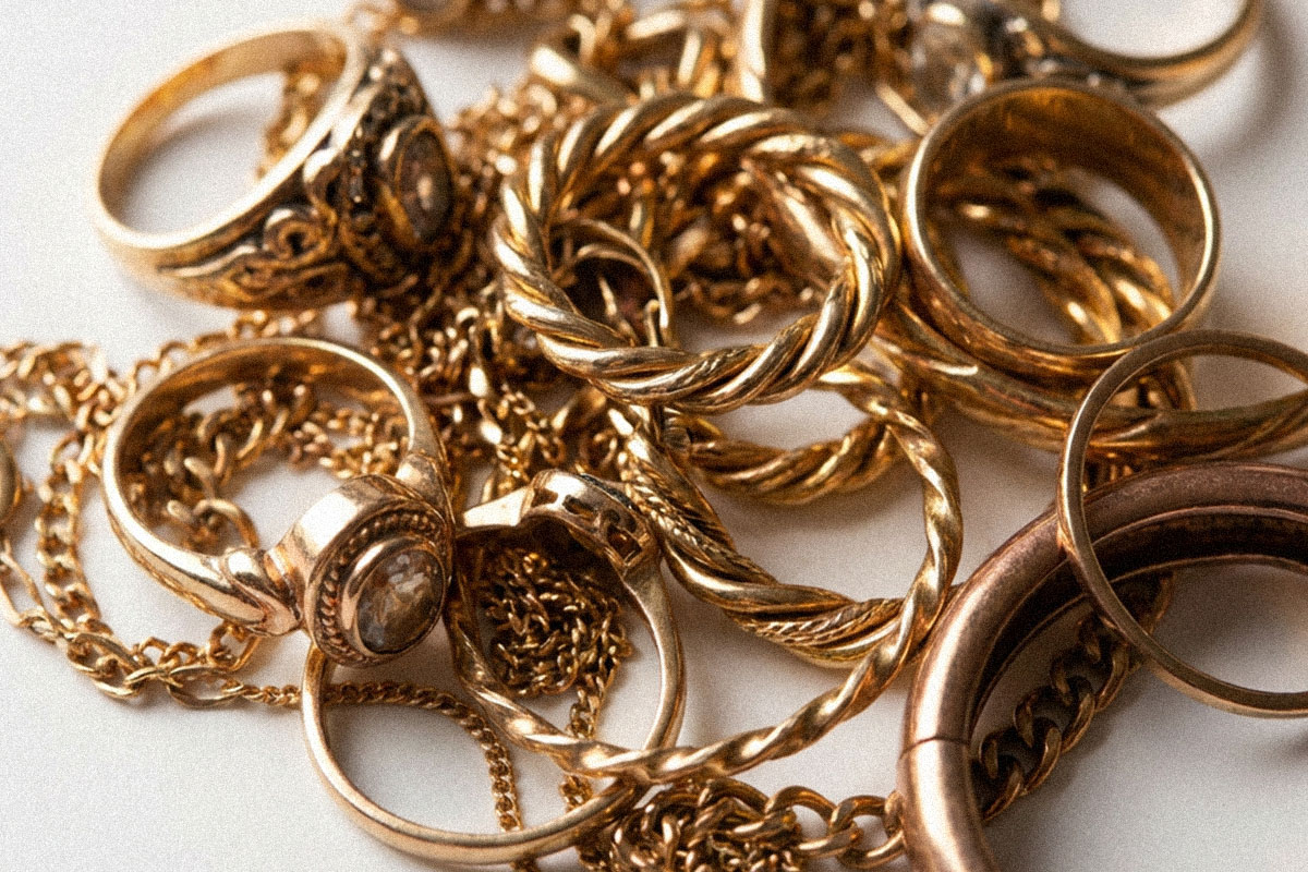 Pile of gold rings and chains in mixed yellow and rose gold tones, typical of 14K gold jewelry