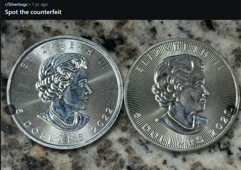 A screenshot of a Reddit post on fake silver coins.