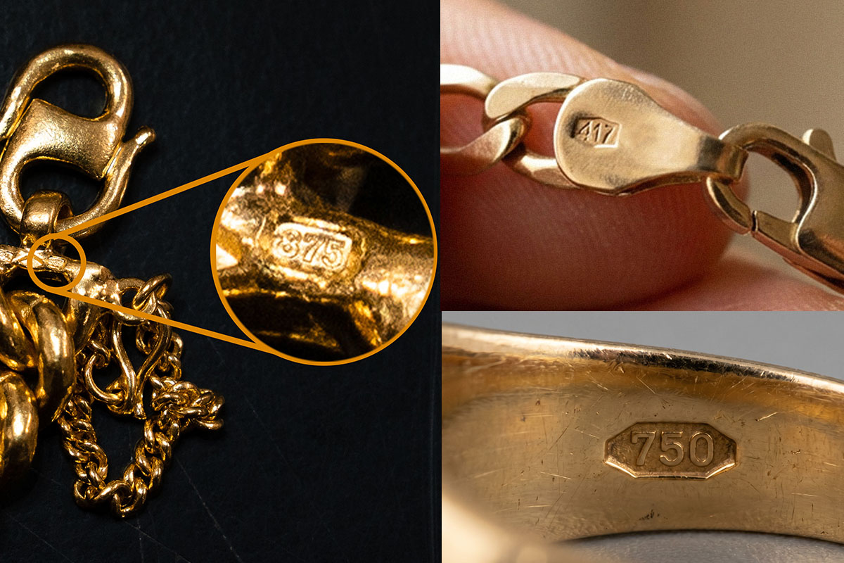 Three close-up images of gold hallmark stamps on jewelry clasps, reading "875," "417," and "750"