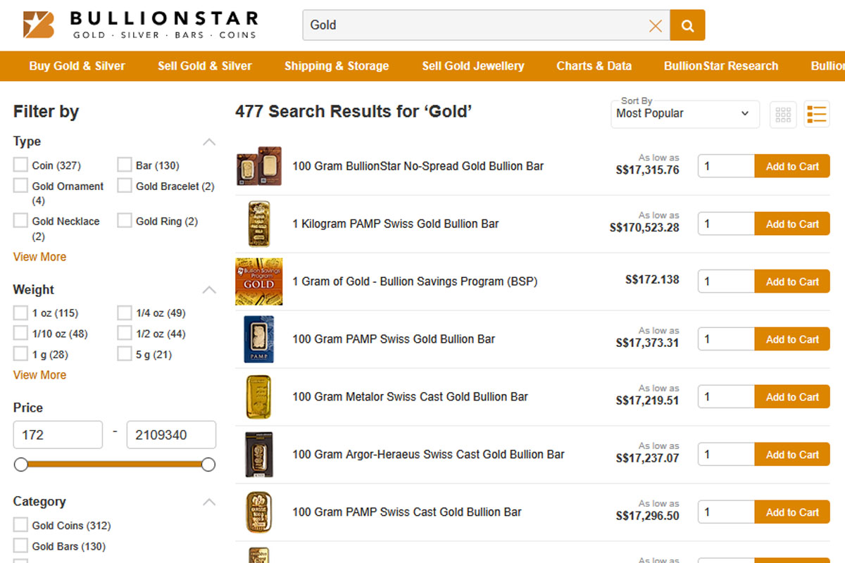 Screenshot of BullionStar's online gold buying interface showing 477 search results for gold including BullionStar no-spread bars, PAMP bars, Metalor bars, and the Bullion Savings Program