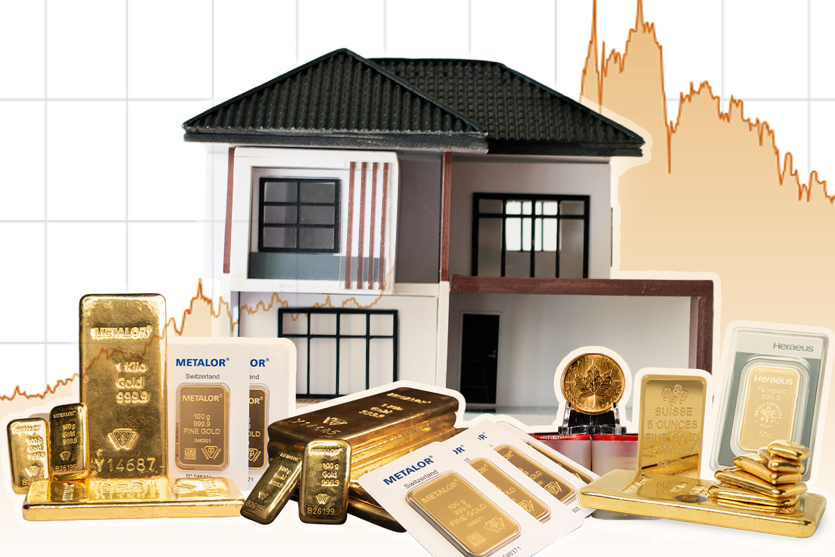 Composite graphic showing a model house, stacked gold bars from Metalor, Suisse, and Heraeus, and a rising and falling price chart line in the background