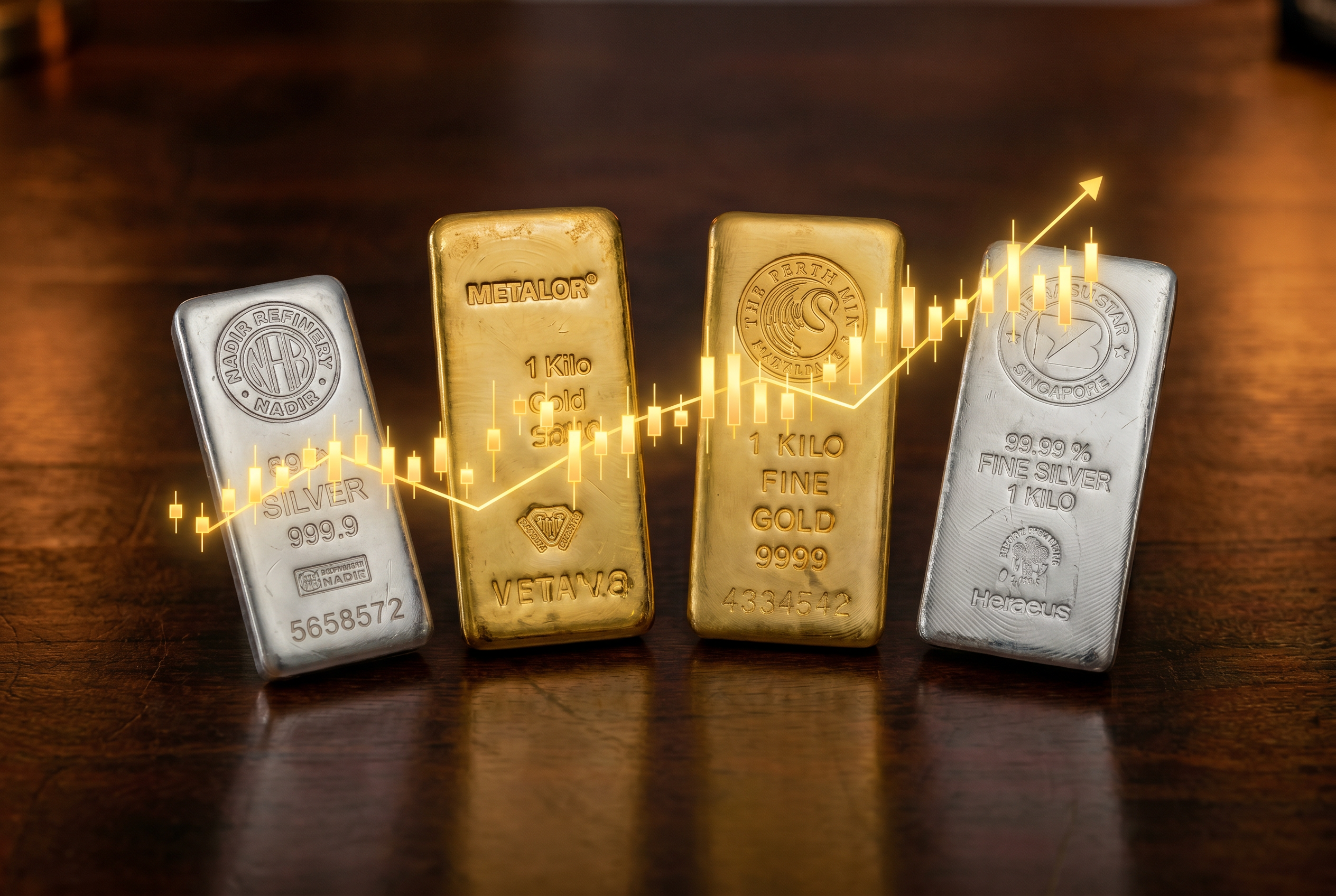 Gold and silver bars standing upright with an illuminated candlestick price chart and upward trend line overlaid across them