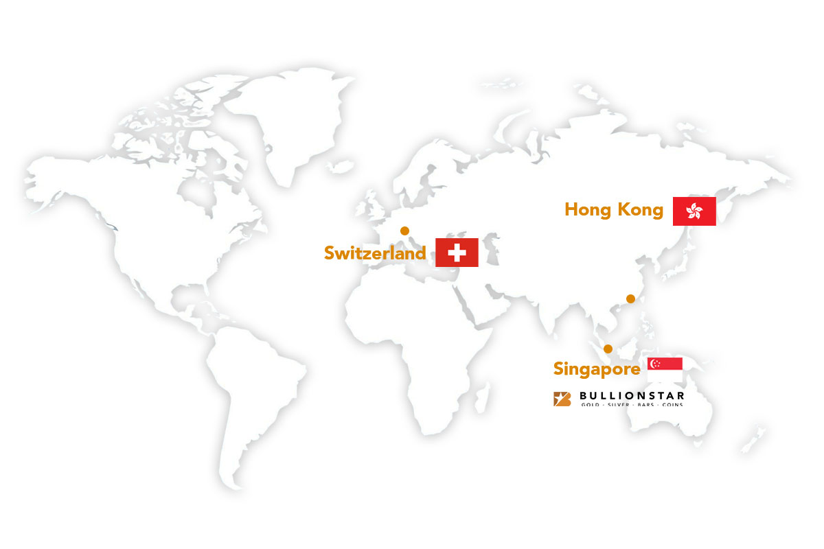 World map showing key offshore gold storage jurisdictions — Singapore (GST-free gold and silver, no CGT, Le Freeport), Switzerland (VAT-free gold, no CGT), Hong Kong (no purchase tax, no CGT), and United States (Delaware and Texas depositories)