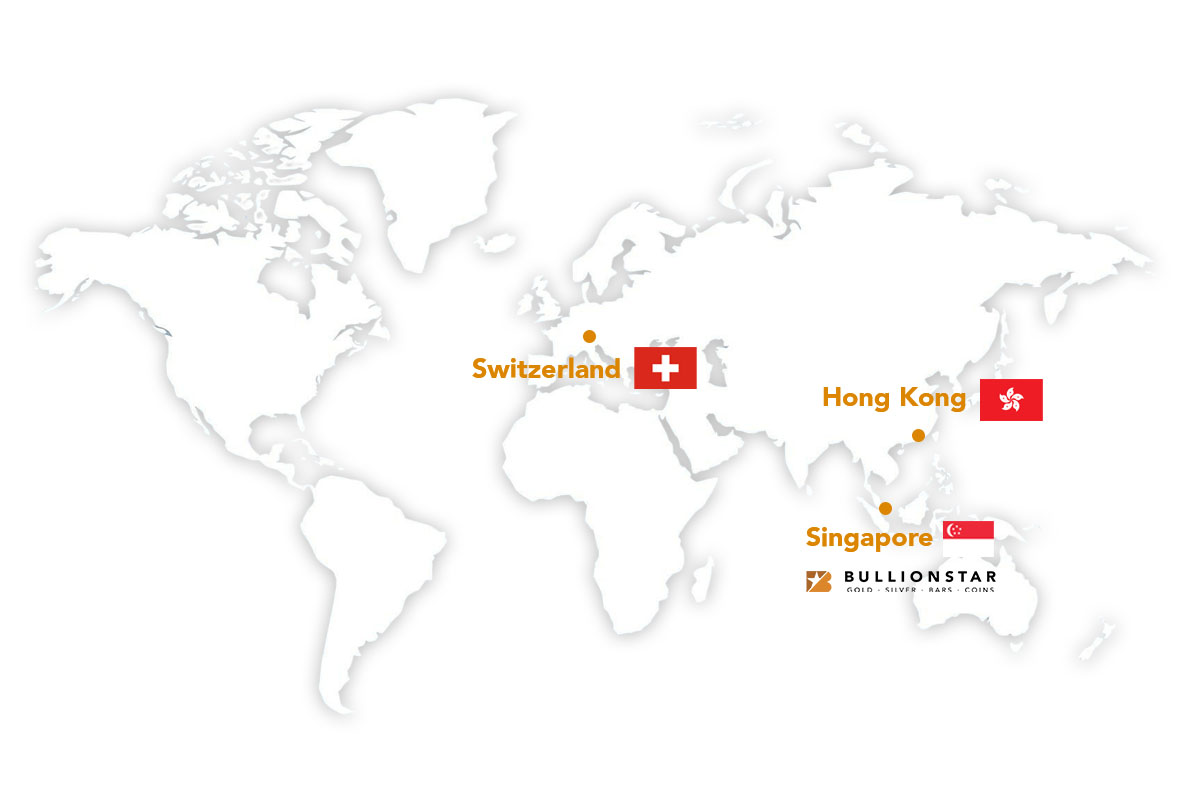 World map showing key offshore gold storage jurisdictions — Singapore (GST-free gold and silver, no CGT, Le Freeport), Switzerland (VAT-free gold, no CGT), Hong Kong (no purchase tax, no CGT), and United States (Delaware and Texas depositories)