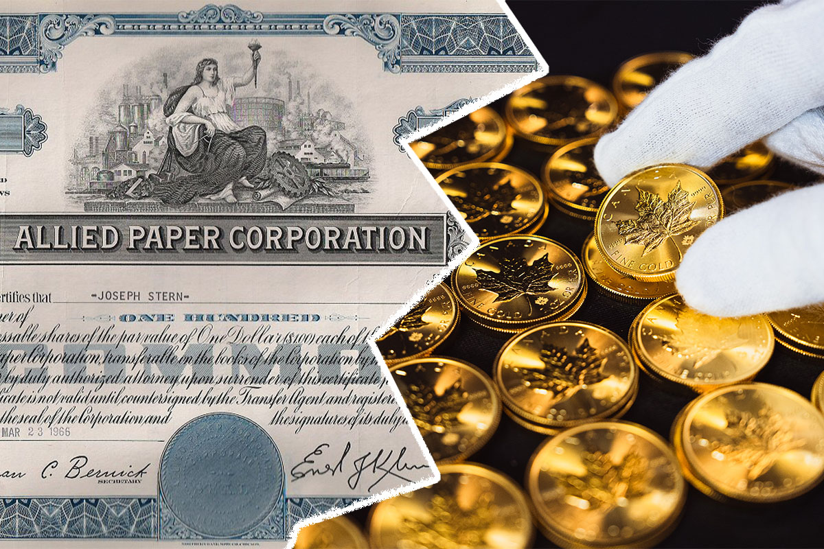 Split graphic contrasting paper and physical assets: on the left, a vintage engraved share certificate headed "Allied Paper Corporation" dated 1966; on the right, a white-gloved hand handling a pile of Canadian Gold Maple Leaf coins stamped "Fine Gold 1 oz Or Pur" and "9999"