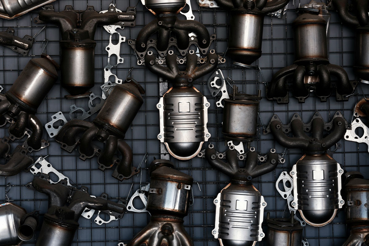 Catalytic converters and exhaust manifolds mounted on a wire mesh wall, the autocatalyst components that account for most palladium demand