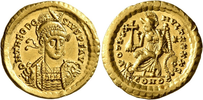 A gold Solidus coin.