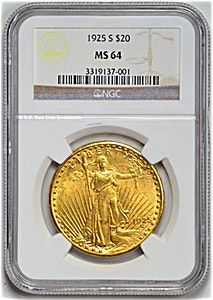 1925 US $20 St. Gaudens Double Eagle Gold Coin - Graded MS64 by NGC - 30.09 Gram