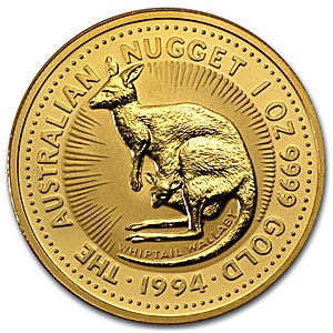1994 1 oz Australian Gold Kangaroo Nugget Bullion Coin