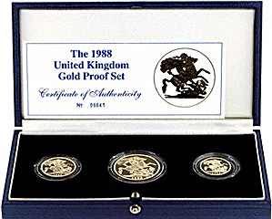 1988 0.9 oz United Kingdom Gold Sovereign Proof 3 Coin Set