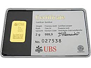 2 Gram UBS Kinebar Gold Bullion Bar (Pre-Owned in Good Condition)