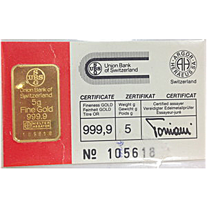 5 Gram UBS Swiss Gold Bullion Bar (Pre-Owned in Good Condition)