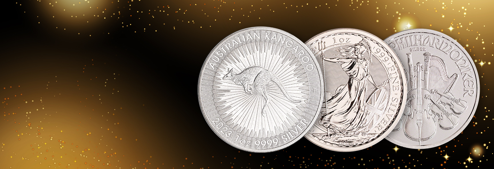 Silver Coins Sale! 2023 1 oz Silver Kangaroos, Britannias & Philharmonics for only spot + 16.9%!
