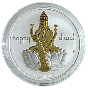 1 oz Australian Diwali Gilded Silver Medallion - Lakshmi on Lotus Flower - (Pre-Owned in Good Condition)