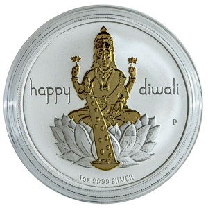 1 oz Australian Diwali Gilded Silver Medallion - Lakshmi on Lotus Flower - (Pre-Owned in Good Condition)