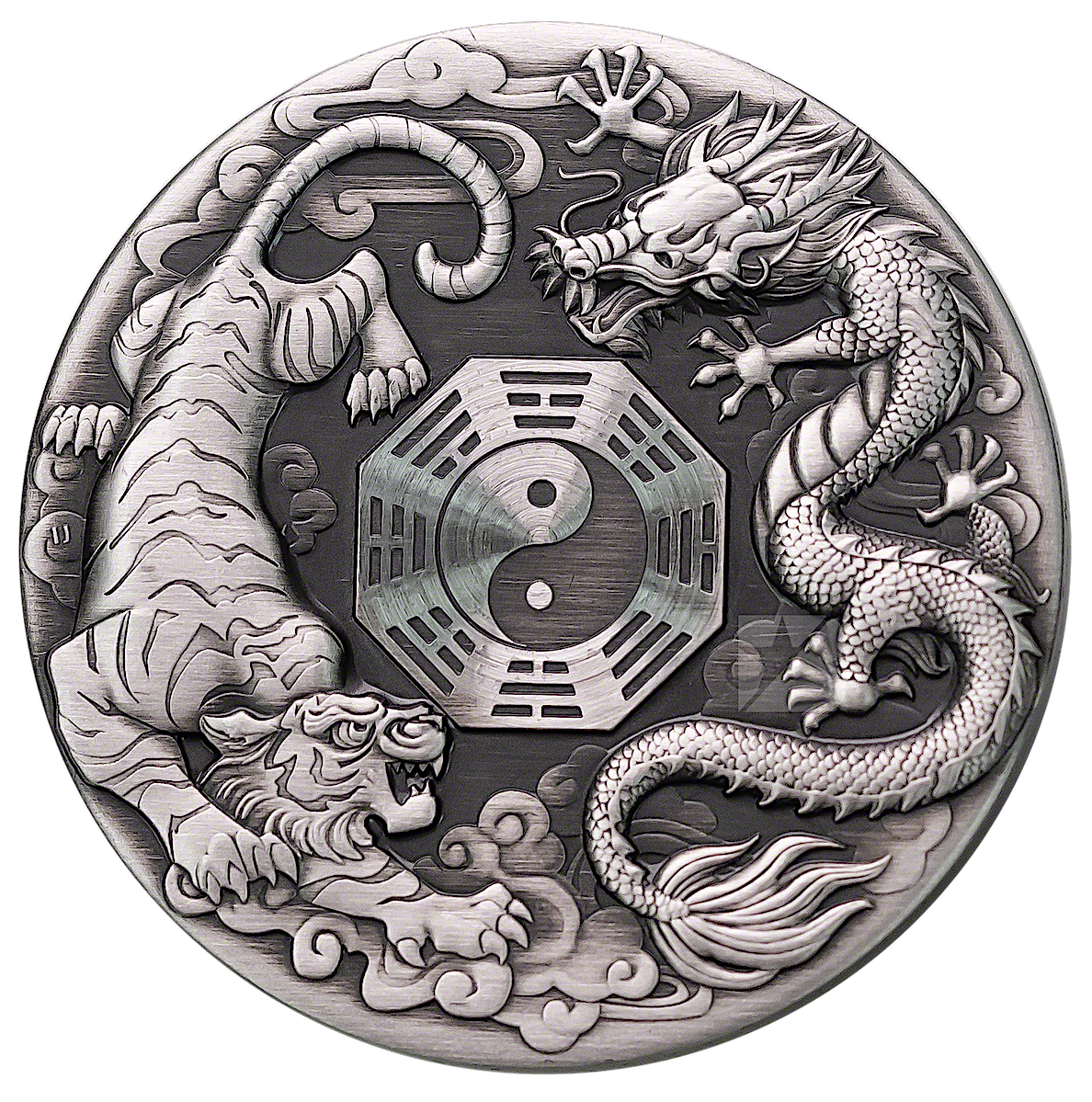 Tuvalu Silver Dragon And Tiger 2021 - Antiqued Finish - 2 Oz