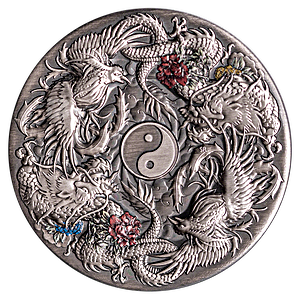 Tuvalu Silver Double Dragon & Double Phoenix 2021 - Antique Finish - 2 oz