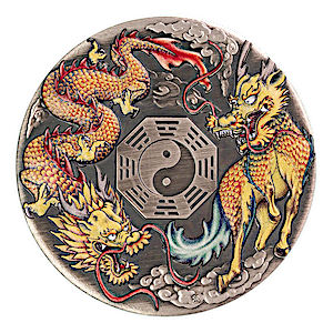 Tuvalu Silver Dragon and Qilin 2022 - Antiqued Finished - 2 oz