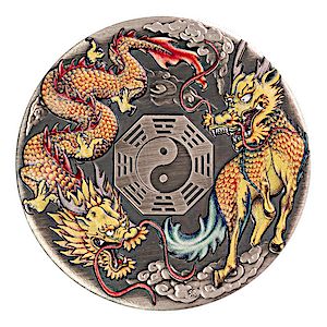 2022 2 oz Tuvalu Silver Dragon and Qilin Antique-Finished Silver Coin