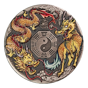 2022 2 oz Tuvalu Silver Dragon and Qilin Antique-Finished Silver Coin