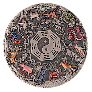 Tuvalu Silver Lunar Twelve Lunar Animals 2022 - Antiqued Coloured - 5 oz